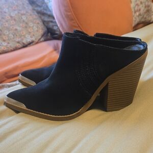 Sun + Stone Black Mules with Brown Heel